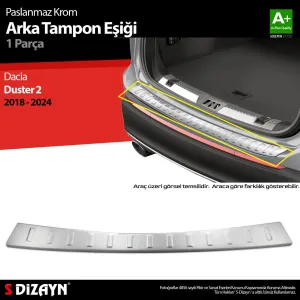 Dacia Duster 2017-2024 (HM) uyumlu Krom Arka Tampon Eşiği 2018-2023 modelleri DRS Tuning'de. Kaliteli malzeme, hızlı kargo ve güvenli alışverişle hemen