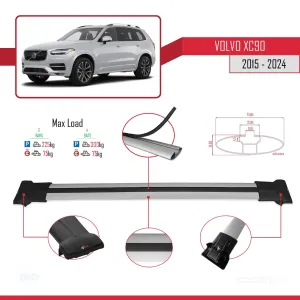 Volvo XC90 2015 ve Sonrası ile Uyumlu FLY Model Ara Atkı Tavan Barı GRİ 3 ADET BAR thumb 4