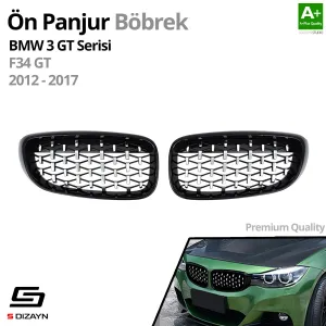 S-Dizayn Bmw 3 Serisi GT F34 GT Ön Panjur Böbrek Parlak Siyah Çerçeveli Krom Diamond Model 2012-2017 thumb 2