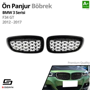 S-Dizayn Bmw 3 Serisi GT F34 GT Ön Panjur Böbrek Parlak Siyah Piano Black Diamond Model 2012-2017 thumb 2