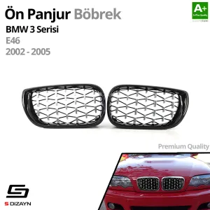 S-Dizayn Bmw 3 Serisi E46 Ön Panjur Böbrek Parlak Siyah Çerçeveli Krom Diamond Model 2002-2005 thumb 2