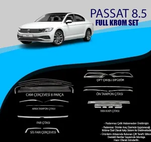 Volkswagen Passat Uyumlu B8.5 Krom Set (Cam Çerçeve.-Yan Kapı Çıt.-Difüzör Çıta-Ön Tampon Çıta.-Arka Tampon Çıt.-Far Çıtası.- Sis Farı Çıtası) Parça Passat B8.5