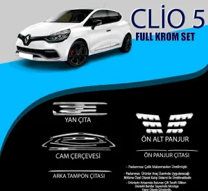 Renault Clio Uyumlu 4 Krom Set (Cam Çerçeve.-Yan Kapı Çıt.-Ön Alt Panjur-Arka Tampon Çıt.-Ön Panjur Çıt.) Parça Clio 4 (2012-2019)DRS Tuning kalitesiyle tanışın