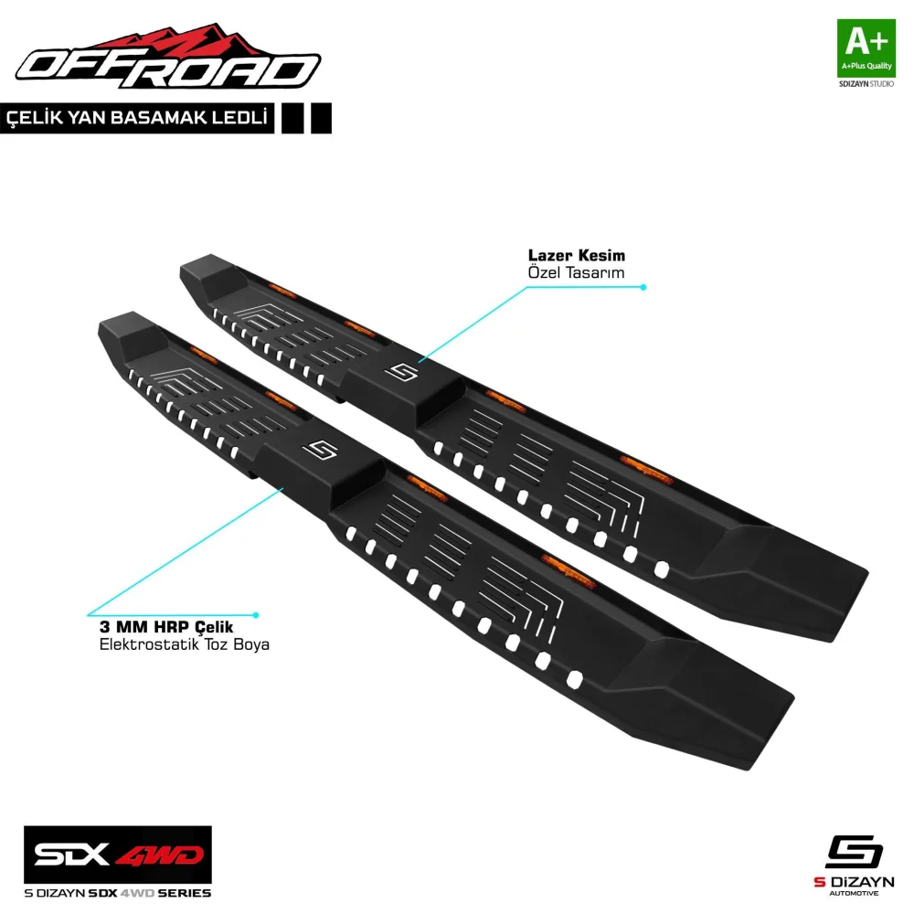 İsuzu D-Max Uyumlu 3 Çelik Yan Basamak 205 Cm Ledli V2 2019 Sedan 4Wd Off Road Parça