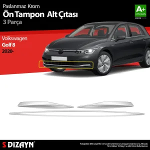 S-Dizayn VW Golf 8 HB Krom Ön Tampon Alt Çıtası 3 Prç. 2020-2024Araca &Ouml;zel Krom Aksesuar&Uuml;r&uuml;n &Ouml;zellikleri:Krom &uuml;r&uuml;nler ara&ccedil; 