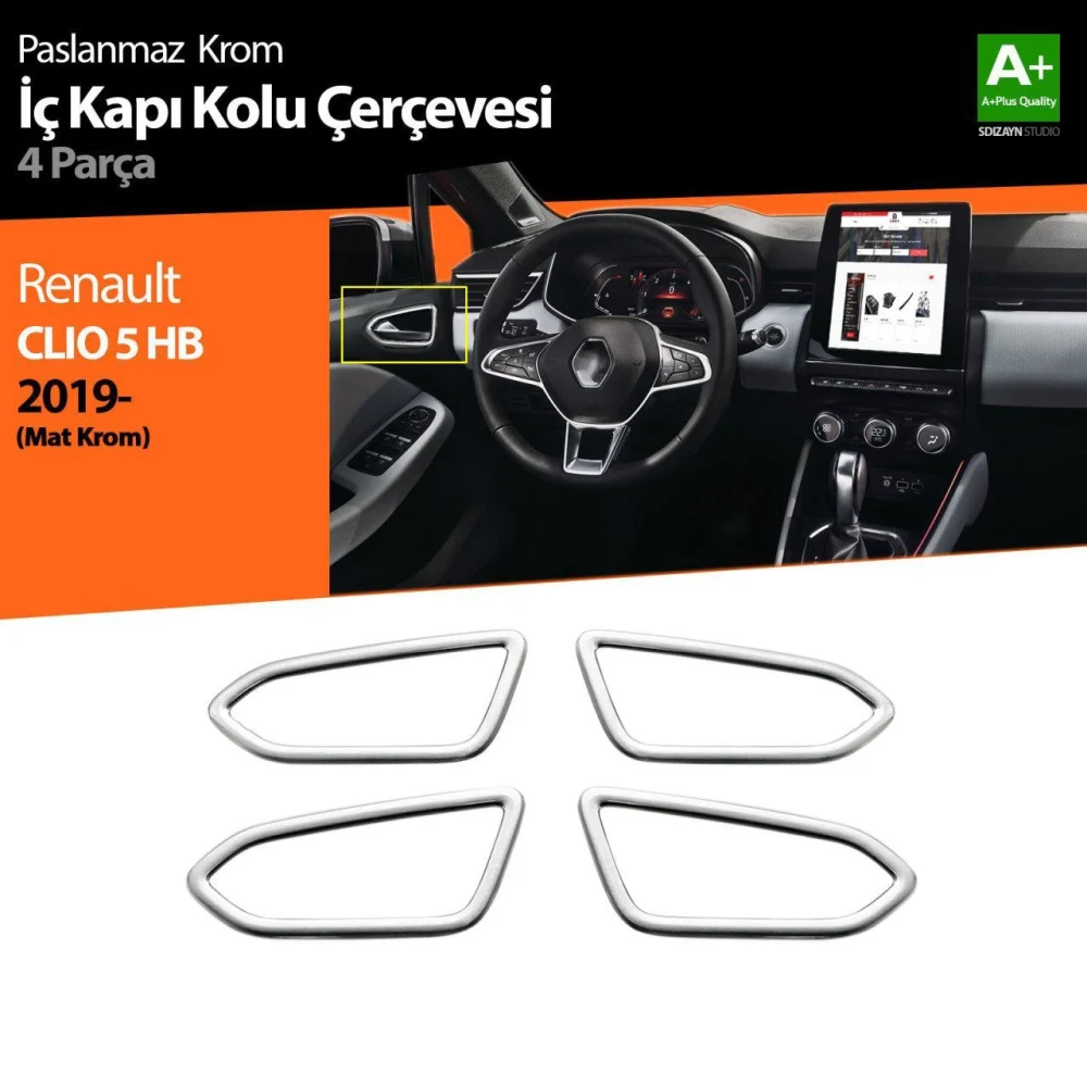 Renault Clio Uyumlu 5 Krom İç Kapı Kolu Çerçevesi 4 Parça. 2019 Ve Üzeri (Mat Krom)