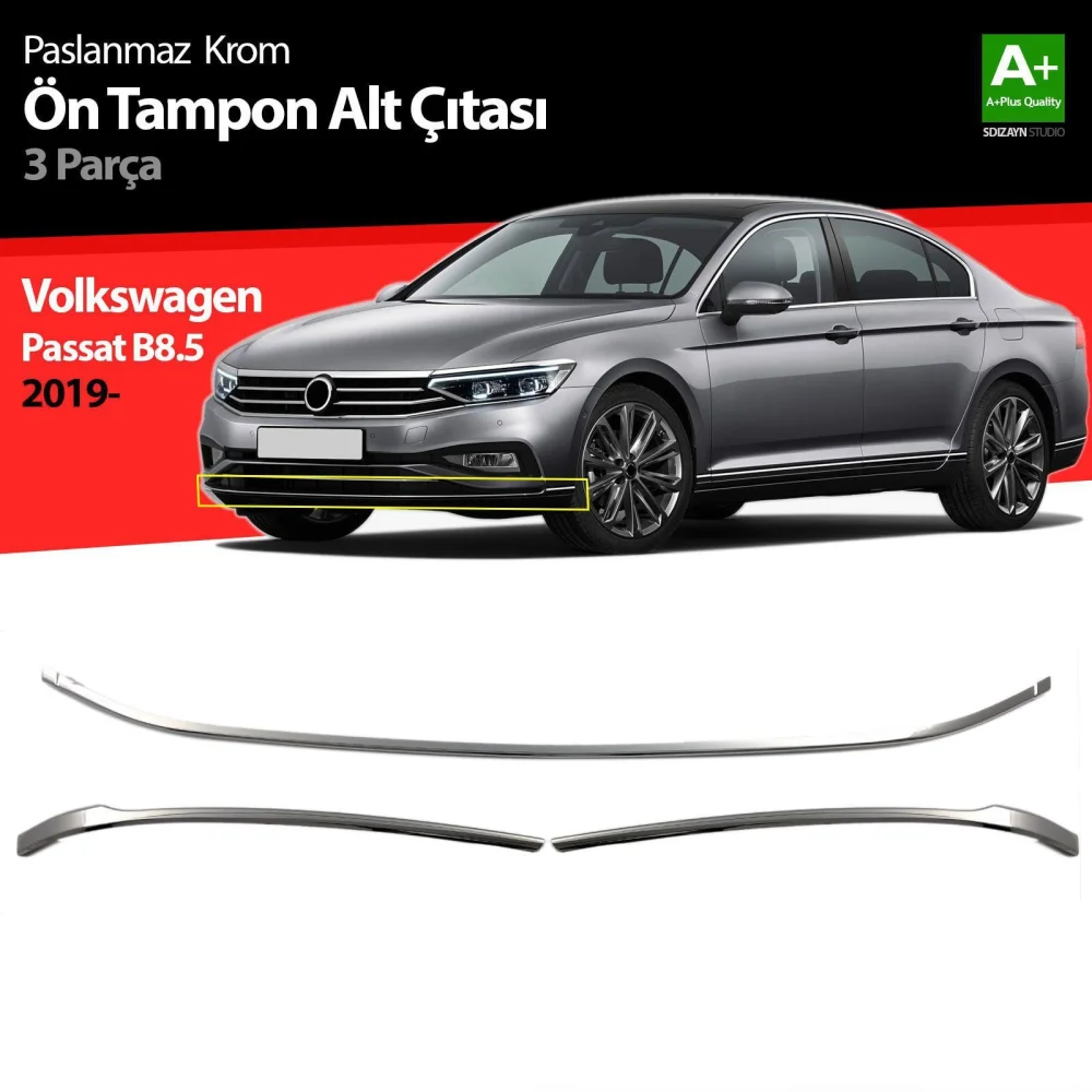 Volkswagen Passat Uyumlu B8.5 Krom Ön Tampon Alt Çıtası 3 Parça 2019 Ve Üzeri