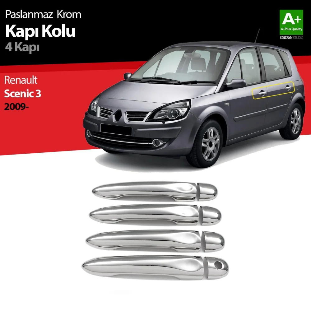Renault Scenic Uyumlu 3 Krom Kapı Kolu 4 Parça 2009 Üzeri