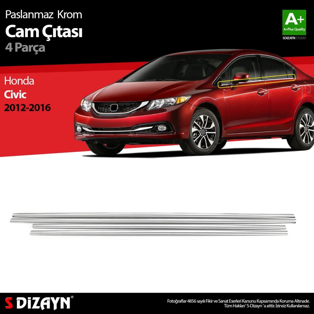 Honda Civic Uyumlu Krom Cam Çıtası 4 Parça 2012-2016