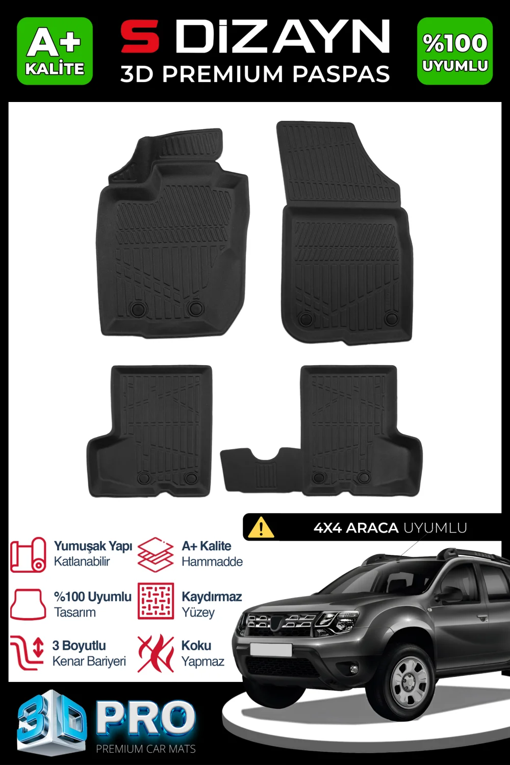 S-Dizayn Dacia Duster 4x4 3D Pro Havuzlu Paspas 2013-2018 A+ Kalite