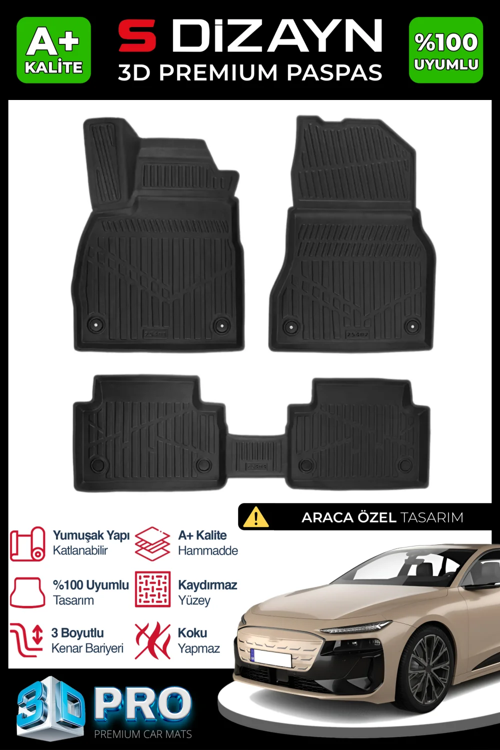 S-Dizayn Audi A6 E-Tron 3D Pro Havuzlu Paspas 2025 Üzeri A+ Kalite