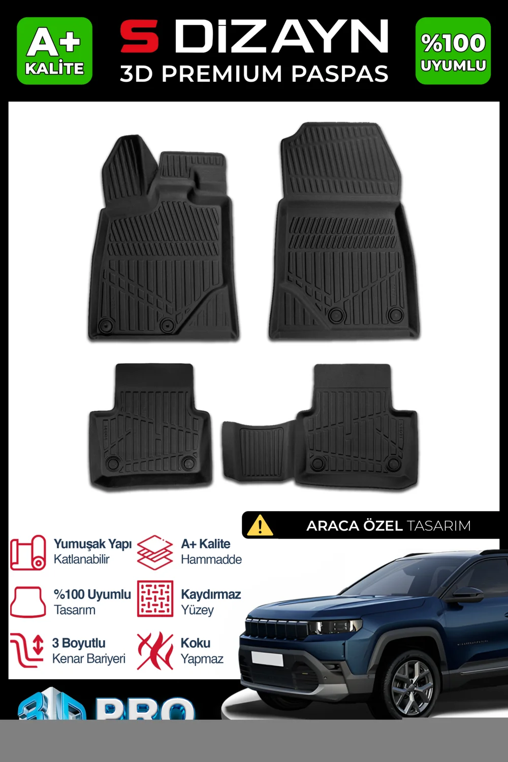 S-Dizayn Jeep Compass 3D Pro Havuzlu Paspas 2026 Üzeri A+ Kalite