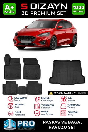 Ford Focus 2018-2025 (C519) uyumlu 4 Sedan 3D Pro Havuzlu Paspas ve Bagaj Havuzu (2'li SET) Tamir Kitli 2019 Üzeri A+ Kalite modelleri DRS Tuning'de. Kaliteli