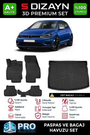 S-Dizayn VW Golf 7 3D Pro Havuzlu Paspas ve Bagaj Havuzu Seti (2'li SET) 2012-2020 A+ Kalite thumb 1