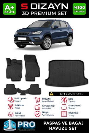 Seat Ateca 2017-Günümüz uyumlu 3D Pro Havuzlu Paspas ve Çift Cepli Bagaj Havuzu (2'li SET) 2017-2020 A+ Kalite modelleri DRS Tuning'de. Kaliteli malzeme, hızlı