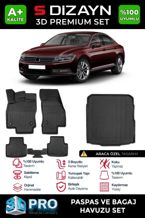 S-Dizayn VW Passat B8 3D Pro Havuzlu Paspas ve Bagaj Havuzu Seti (2'li SET) 2015-2019 A+ Kalite thumb 1