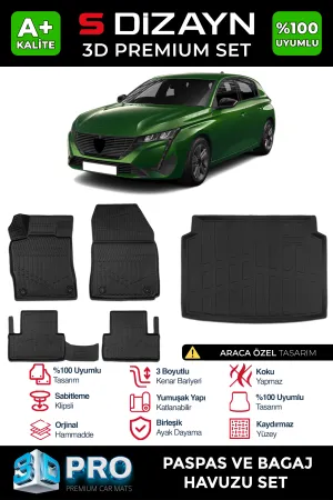 Peugeot 308 2021-Günümüz (P5) uyumlu 3D Pro Havuzlu Paspas ve Bagaj Havuzu (2'li SET) 2022 Üzeri A+ Kalite modelleri DRS Tuning'de. Kaliteli malzeme, hızlı