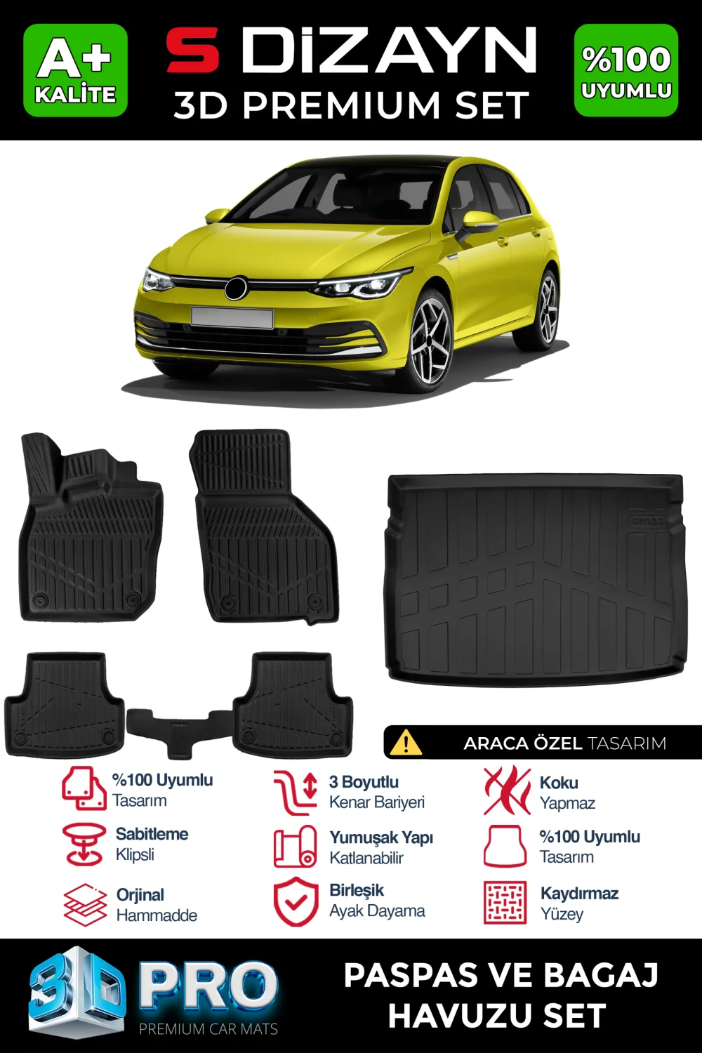 S-Dizayn VW Golf 8 Manuel 3D Pro Havuzlu Paspas ve Üst Bagaj Havuzu Seti (2'li SET)  2020-2024 A+ Kalite