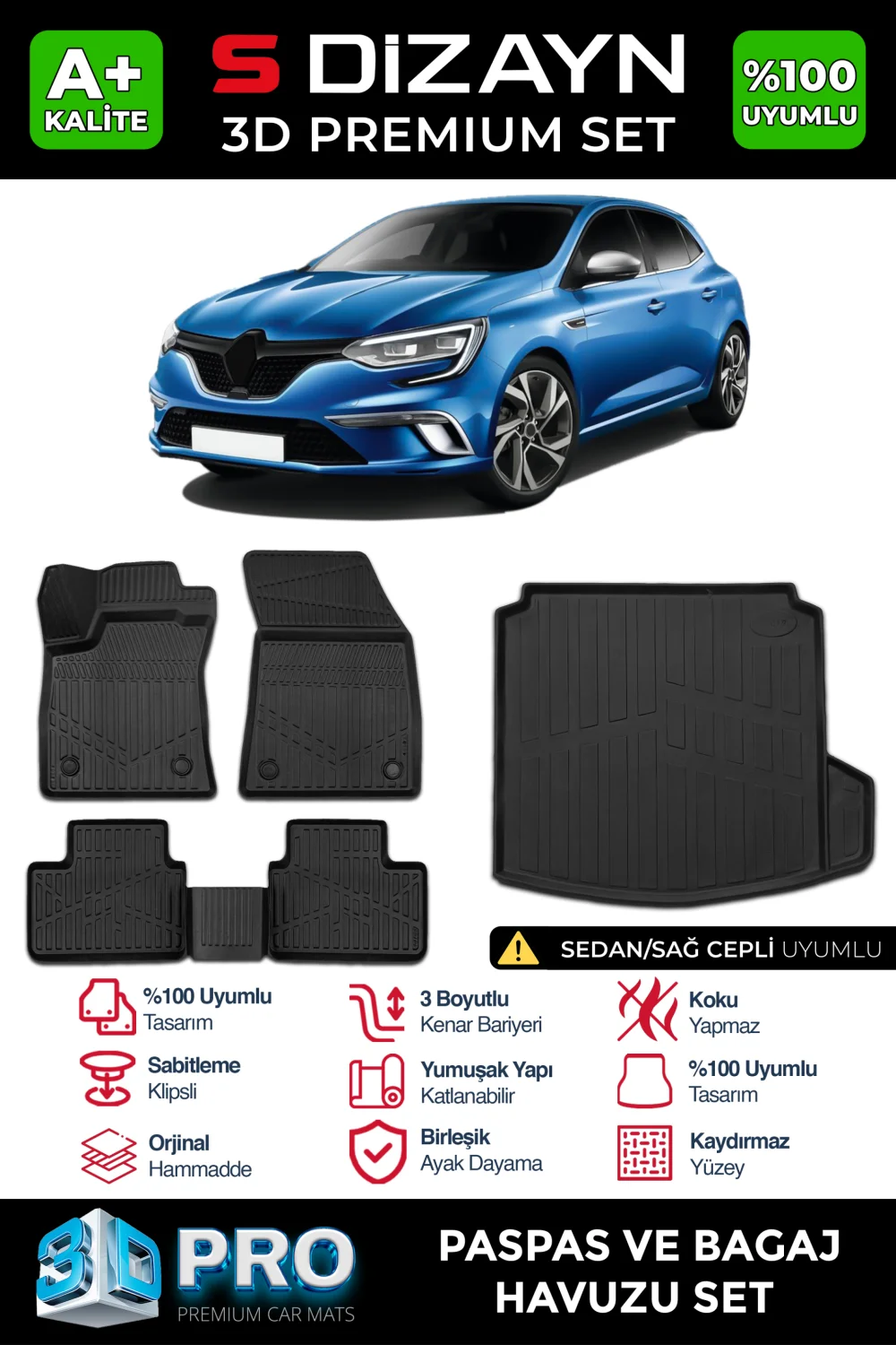 S-Dizayn Renault Megane 4 Sedan 3D Pro Havuzlu Paspas ve Sağ Kulak Paspas Bagaj Havuzu Seti (2'li SET)  2016-2021 A+ Kalite