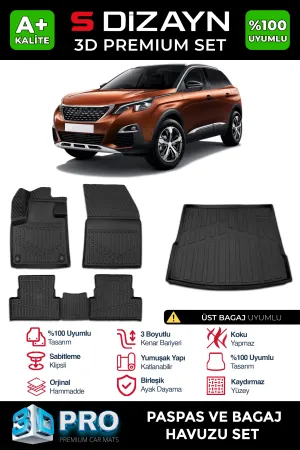 S-Dizayn Peugeot 3008 3D Pro Havuzlu Paspas ve Üst Bagaj Havuzu Seti (2'li SET)  2016-2023 A+ Kalite thumb 1