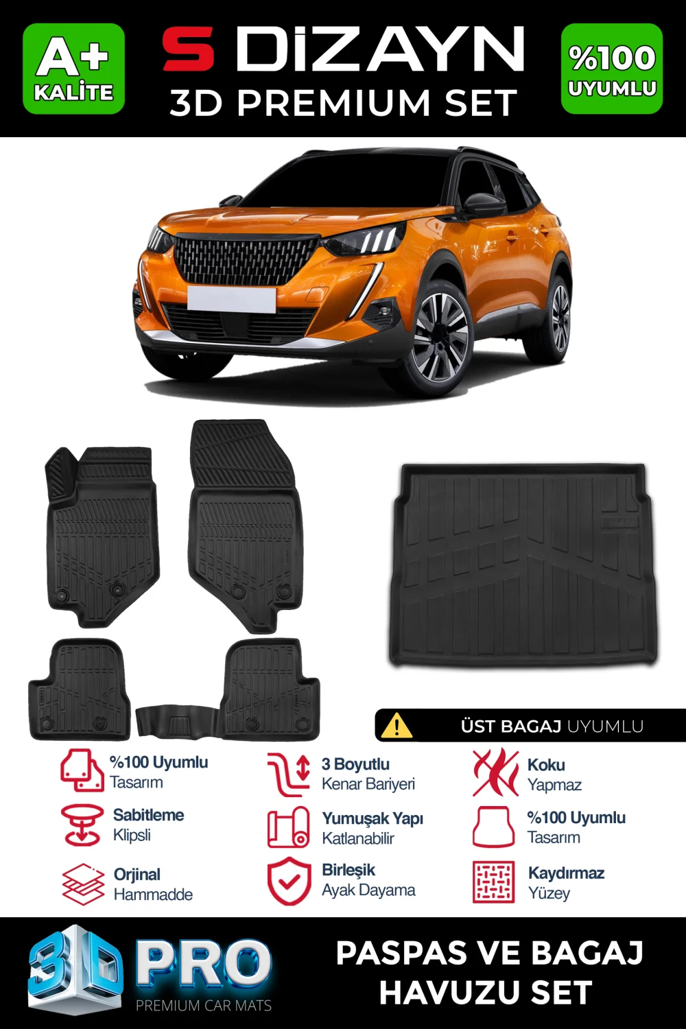 S-Dizayn Peugeot 2008 3D Pro Havuzlu Paspas ve Üst Bagaj Havuzu Seti (2'li SET)  2019-2023 A+ Kalite