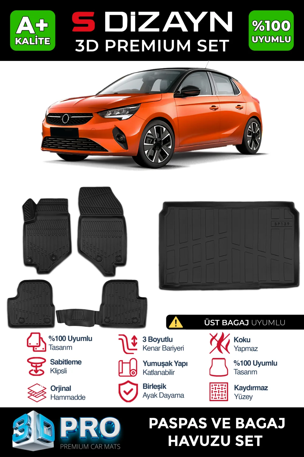 S-Dizayn Opel Corsa F 3D Pro Havuzlu Paspas ve Üst Bagaj Havuzu Seti (2'li SET) 2019 Üzeri A+ Kalite