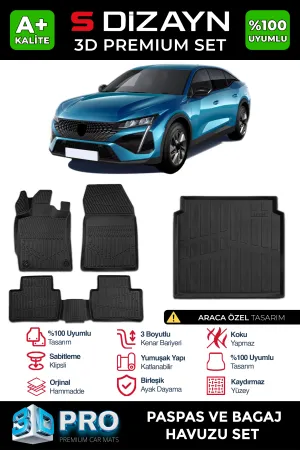 Peugeot 408 2022-Günümüz (P54) uyumlu 3D Pro Havuzlu Paspas ve Bagaj Havuzu (2'li SET) 2023 Üzeri A+ Kalite modelleri DRS Tuning'de. Kaliteli malzeme, hızlı