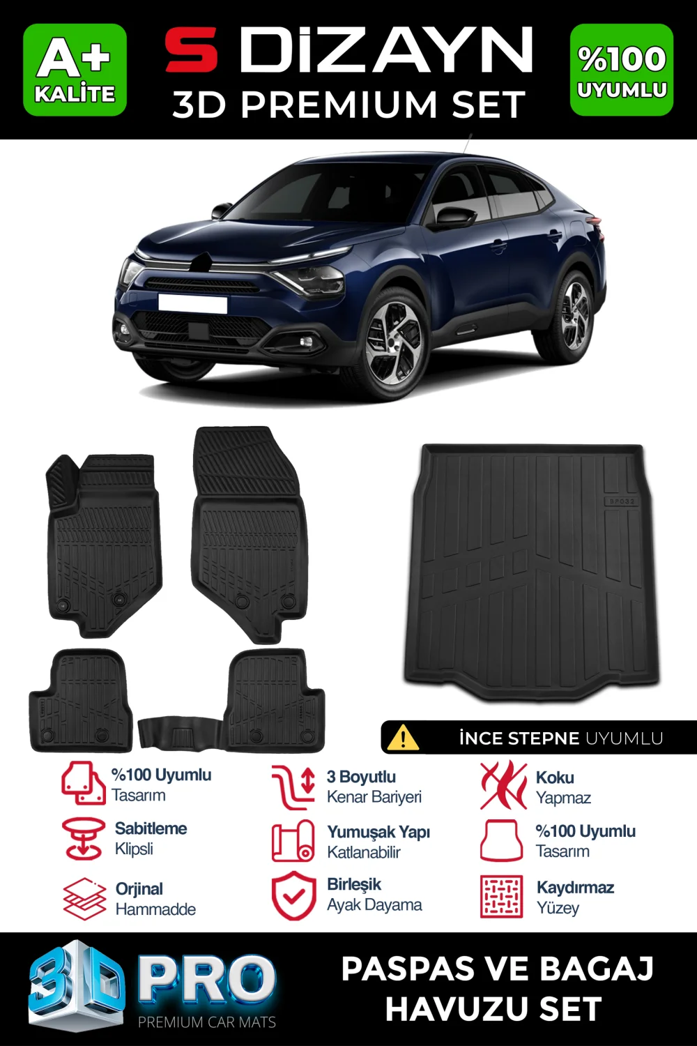 S-Dizayn Citroen C4X 3D Pro Havuzlu Paspas ve Bagaj Havuzu Seti (2'li SET) İnce Stepne 2023 Üzeri A+ Kalite