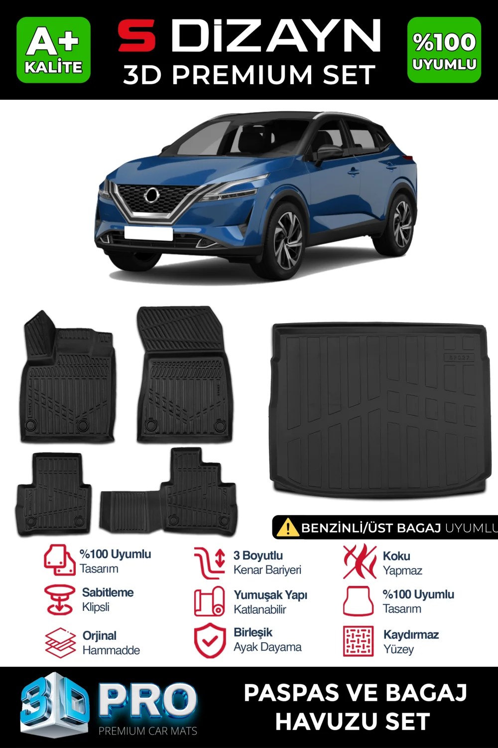 S-Dizayn Nissan Qashqai 1.3 3D Pro Havuzlu Paspas ve Bagaj Havuzu Seti (2'li SET) 2021 Üzeri A+ Kalite