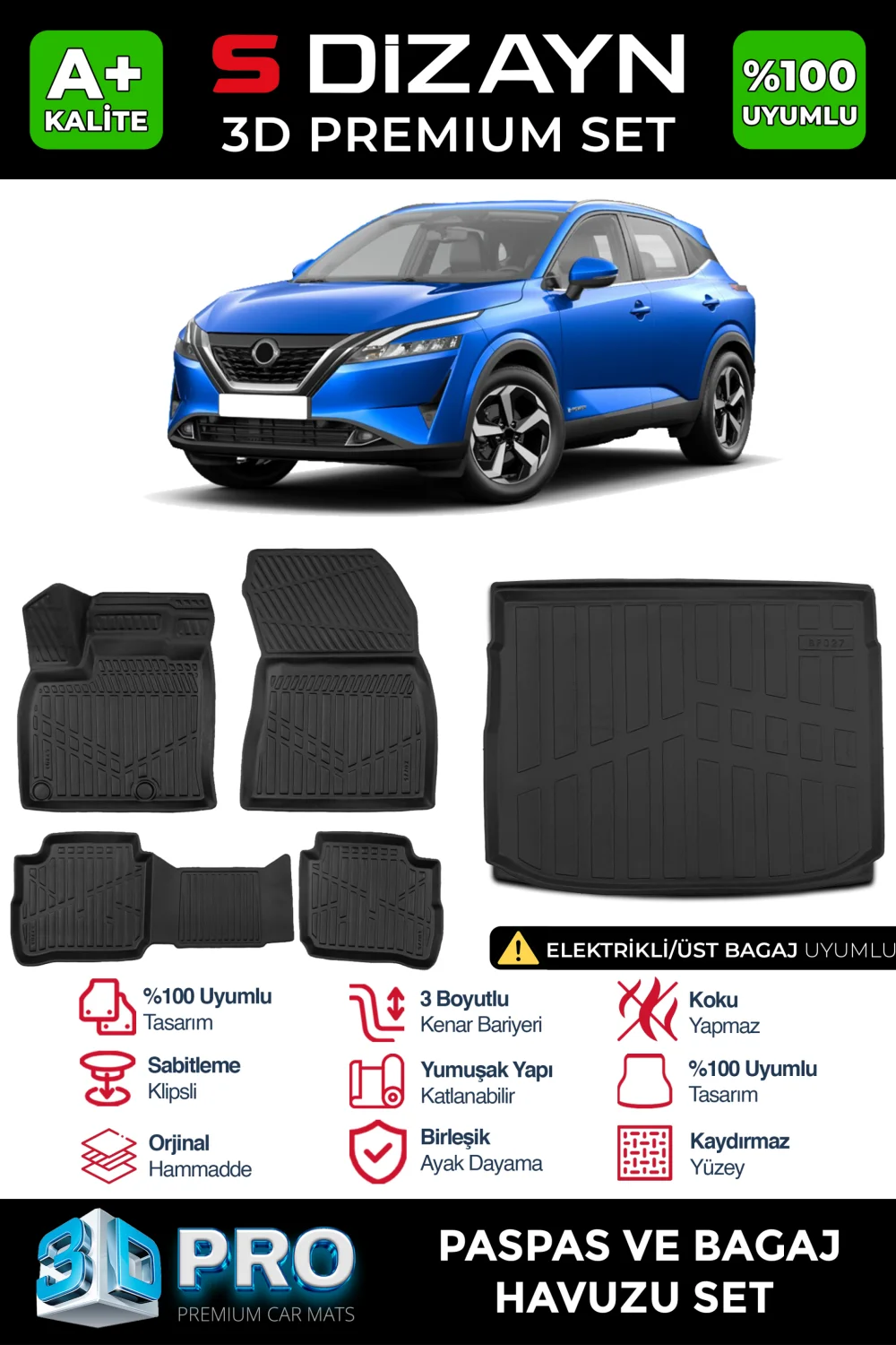 S-Dizayn Nissan Qashqai E-Power 3D Pro Havuzlu Paspas ve Üst Bagaj Havuzu Seti (2'li SET) 2021-2024 A+ Kalite
