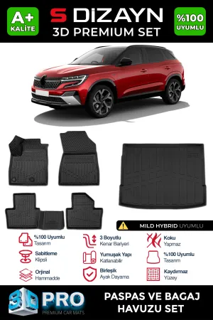 Renault Austral 2022-Günümüz (RHN) uyumlu Mild Hybrid 3D Pro Havuzlu Paspas ve Bagaj Havuzu (2'li SET) 2023 Üzeri A+ Kalite modelleri DRS Tuning'de. Kaliteli