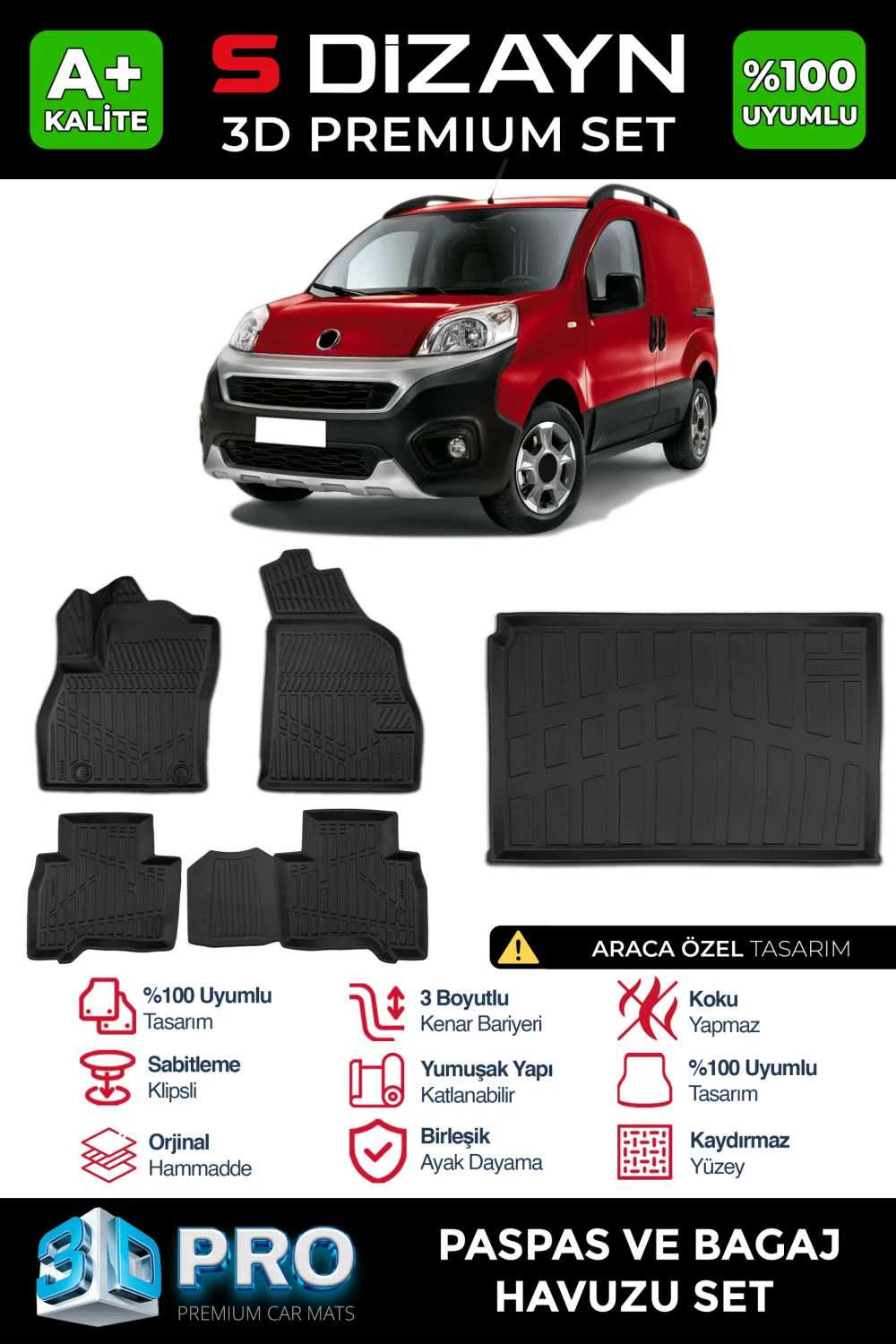 S-Dizayn Fiat Fiorino 3D Pro Havuzlu Paspas ve Bagaj Havuzu Seti (2'li SET) 2008-2023 A+ Kalite