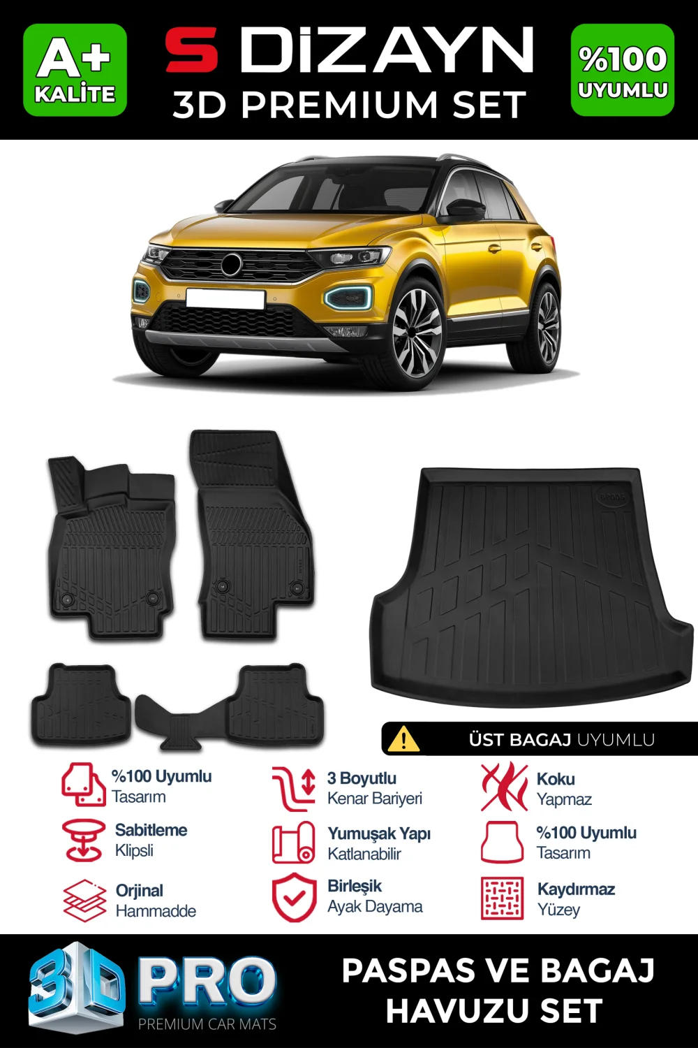 S-Dizayn VW T-Roc 3D Pro Havuzlu Paspas ve Üst Bagaj Havuzu Seti (2'li SET) 2019-2021 A+ Kalite