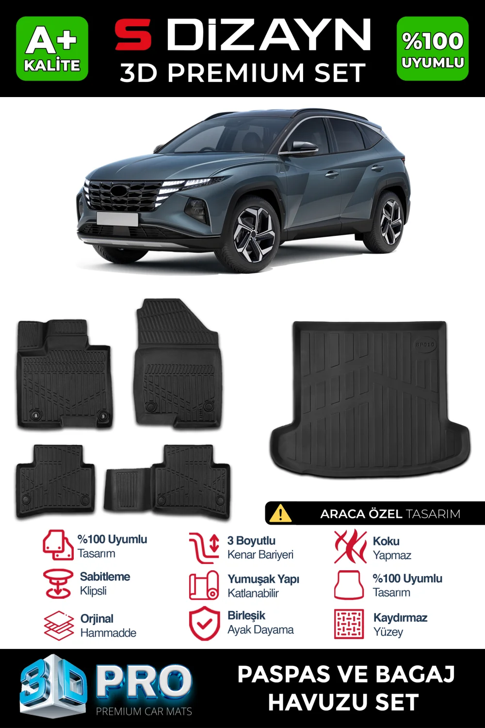 S-Dizayn Hyundai Tucson 3D Pro Havuzlu Paspas ve Bagaj Havuzu Seti (2'li SET) 2021 Üzeri A+ Kalite