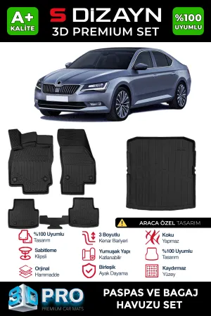 Skoda Superb 2015-2023 (3V) uyumlu 3D Pro Havuzlu Paspas ve Bagaj Havuzu (2'li SET) 2015-2023 A+ Kalite modelleri DRS Tuning'de. Kaliteli malzeme, hızlı kargo