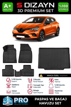 Renault Clio 2019-2023 (BJA) uyumlu 5 3D Pro Havuzlu Paspas ve Bagaj Havuzu (2'li SET) 2019-2026 A+ Kalite modelleri DRS Tuning'de. Kaliteli malzeme, hızlı