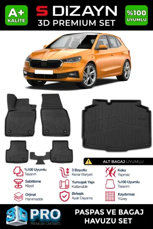 Skoda Fabia 2021-Günümüz (PJ) uyumlu 4 3D Pro Havuzlu Paspas ve Alt Bagaj Havuzu (2'li SET) 2021 Üzeri A+ Kalite modelleri DRS Tuning'de. Kaliteli malzeme,