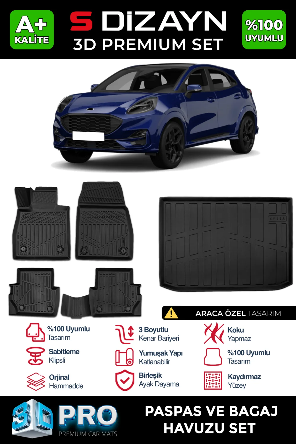 S-Dizayn Ford Puma 3D Pro Havuzlu Paspas ve Bagaj Havuzu Seti (2'li SET) 2019 Üzeri A+ Kalite