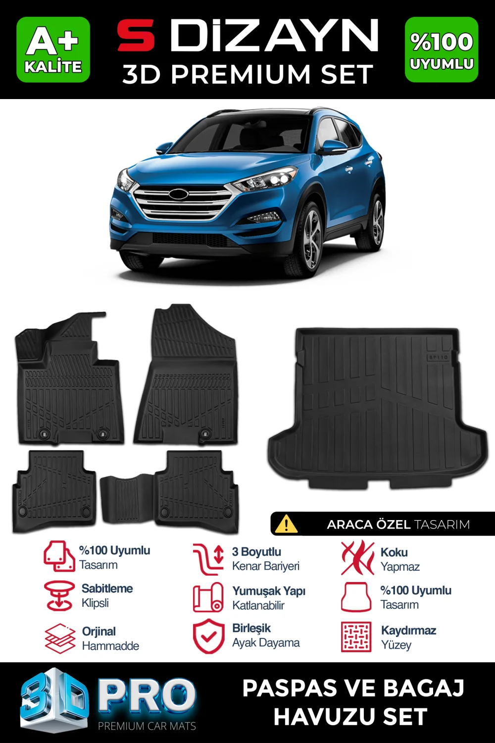 S-Dizayn Hyundai Tucson 3D Pro Havuzlu Paspas ve Bagaj Havuzu Seti (2'li SET) 2015-2021 A+ Kalite