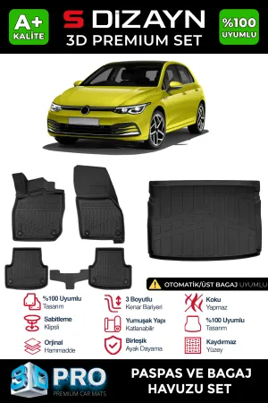 Volkswagen Golf 2019-Günümüz (Mk8) uyumlu VW 8 Otomatik 3D Pro Havuzlu Paspas ve Üst Bagaj Havuzu (2'li SET) 2021-2024 A+ Kalite modelleri DRS Tuning'de.