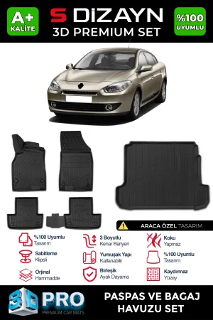 S-Dizayn Renault Fluence 3D Pro Havuzlu Paspas ve Bagaj Havuzu Seti (2'li SET) 2010-2016 A+ Kalite thumb 1