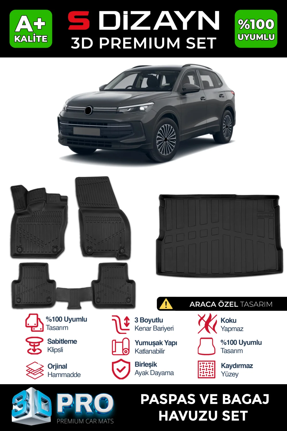 S-Dizayn VW Tiguan 3D Pro Havuzlu Paspas ve Bagaj Havuzu Seti (2'li SET) 2024 Üzeri A+ Kalite
