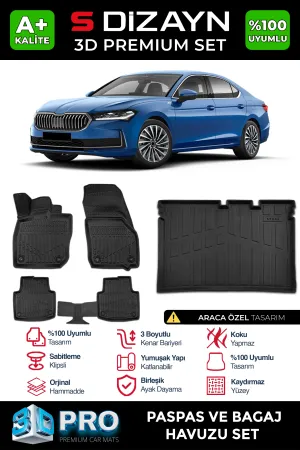 Skoda Superb 2023-Günümüz (NZ) uyumlu 3D Pro Havuzlu Paspas ve Bagaj Havuzu (2'li SET) 2024 Üzeri A+ Kalite modelleri DRS Tuning'de. Kaliteli malzeme, hızlı