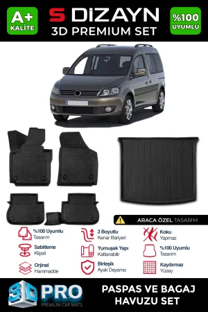 S-Dizayn VW Caddy 3D Pro Havuzlu Paspas ve Bagaj Havuzu Seti (2'li SET) 2010-2015 A+ Kalite thumb 1