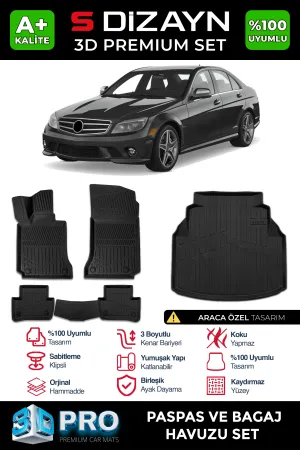 S-Dizayn Mercedes C Serisi W204 3D Pro Havuzlu Paspas ve Bagaj Havuzu Seti (2'li SET) 2007-2014 A+ Kalite thumb 1