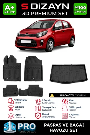 Kia Picanto 2017-Günümüz (JA) uyumlu 3D Pro Havuzlu Paspas ve Bagaj Havuzu (2'li SET) 2017 Üzeri A+ Kalite modelleri DRS Tuning'de. Kaliteli malzeme, hızlı