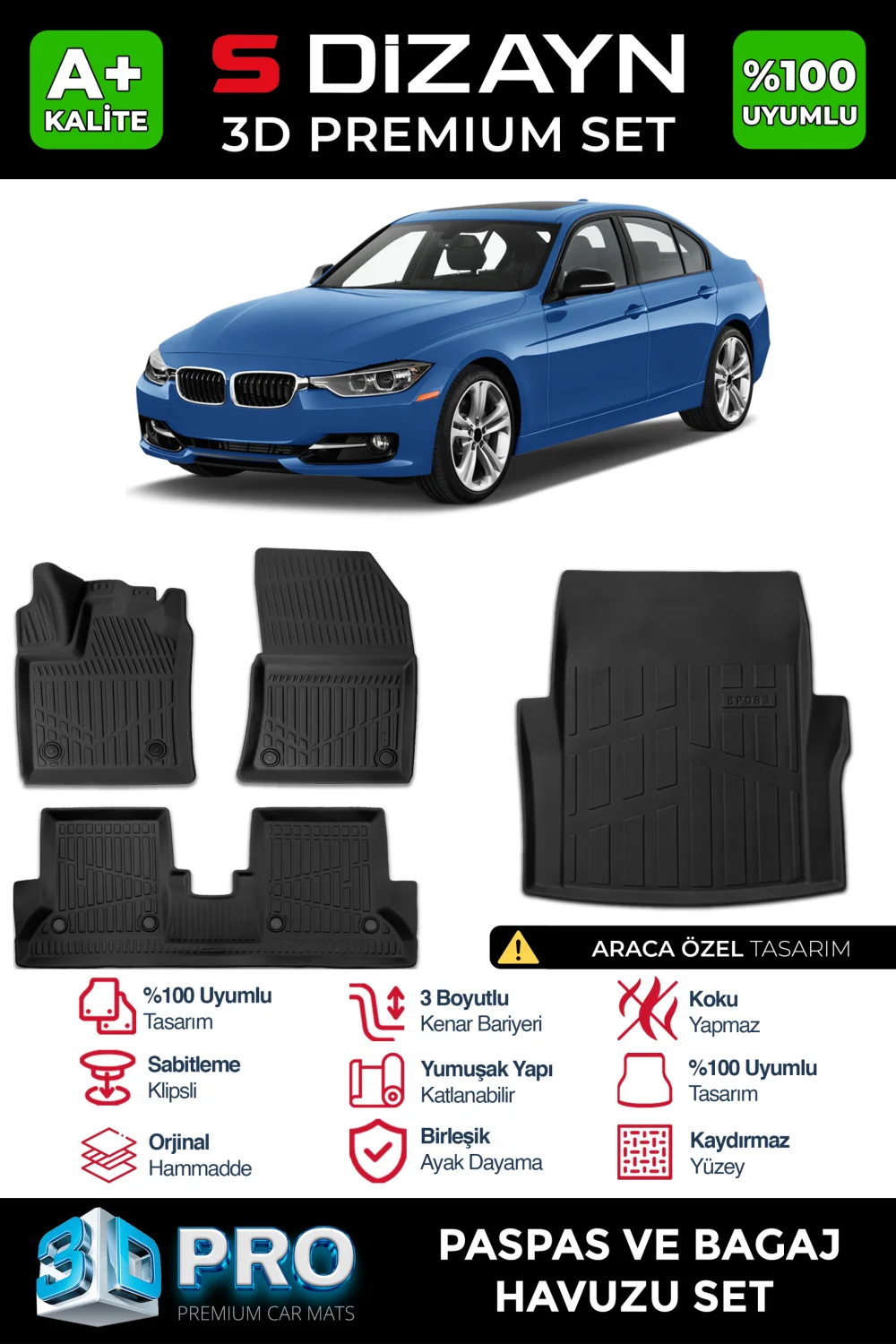S-Dizayn Bmw 3 Serisi F30 3D Pro Havuzlu Paspas ve Bagaj Havuzu Seti (2'li SET) 2012-2019 A+ Kalite