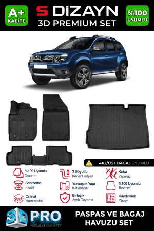 Dacia Duster 2017-2024 (HM) uyumlu 4X2 3D Pro Havuzlu Paspas ve Üst Bagaj Havuzu (2'li SET) 2018-2022 A+ Kalite modelleri Oto Aksesuar Shop'de. Kaliteli