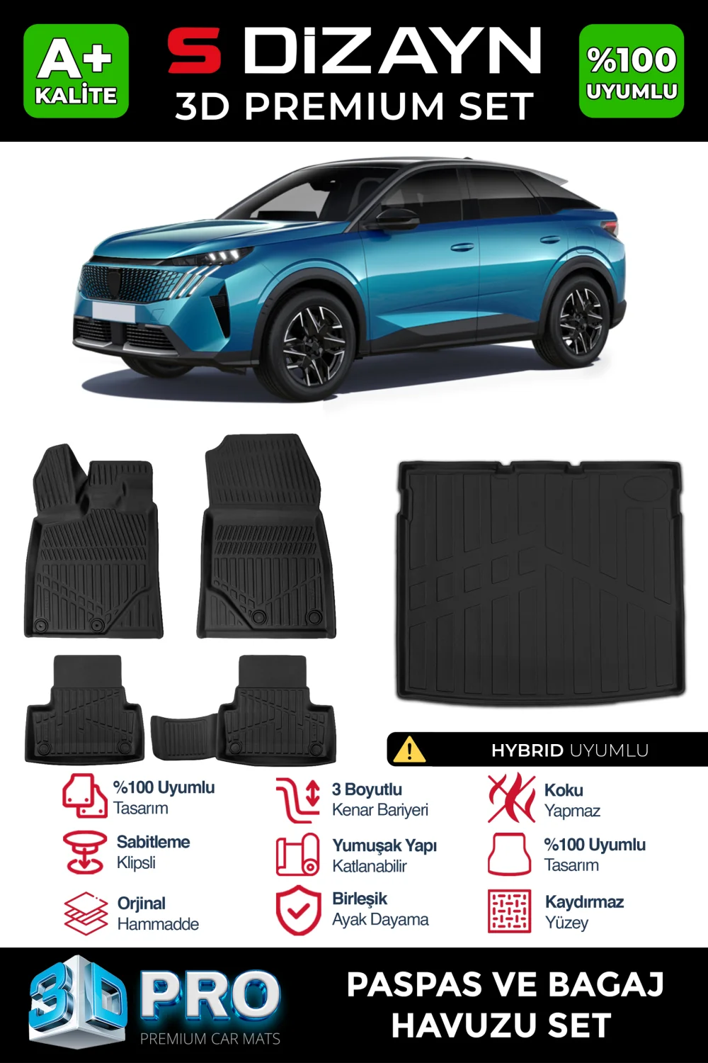 S-Dizayn Peugeot 3008 Hybrid 3D Pro Havuzlu Paspas ve Bagaj Havuzu Seti (2'li SET) 2024 Üzeri A+ Kalite