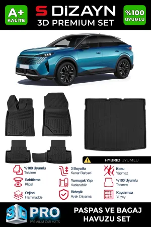 S-Dizayn Peugeot 3008 Hybrid 3D Pro Havuzlu Paspas ve Bagaj Havuzu Seti (2'li SET) 2024 Üzeri A+ Kalite thumb 1